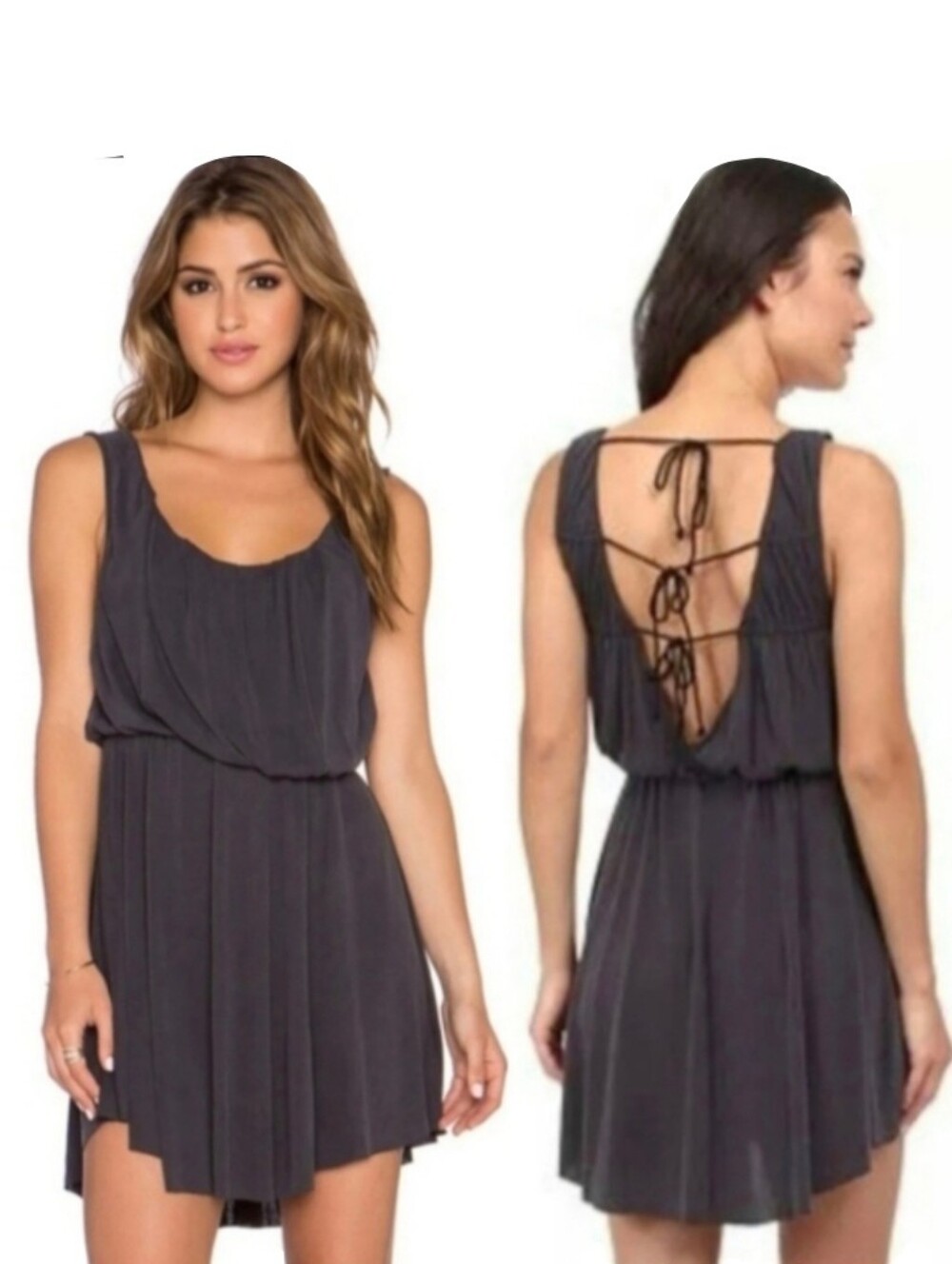 Free People charcoal new cupro true as love open tie back flowy mini dress L-1X